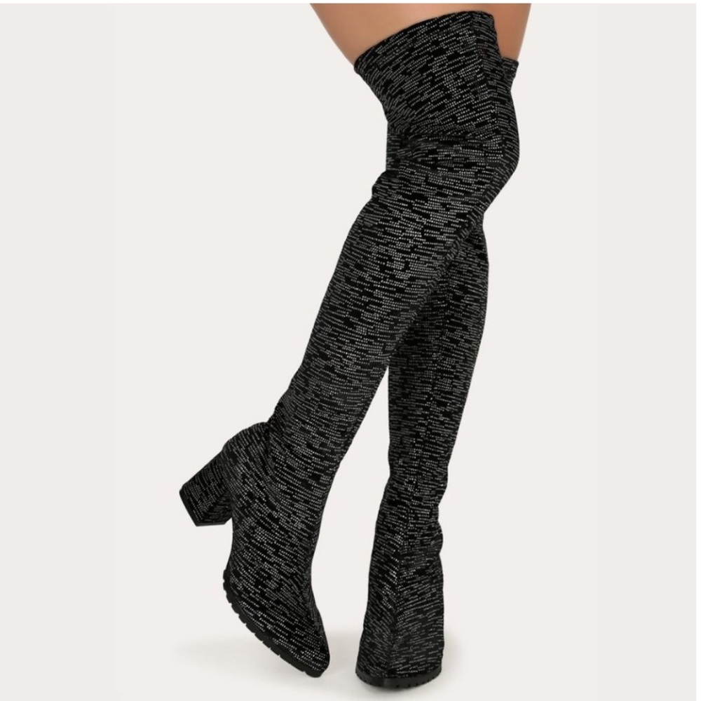 Sparkly Velvet Pointed Toe Thigh High Over the Knee Lugged Boot